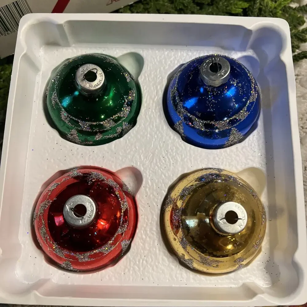Vintage Pyramid Set of 4 Glass Ball Glitter Trees Ornaments Red Green Blue Gold